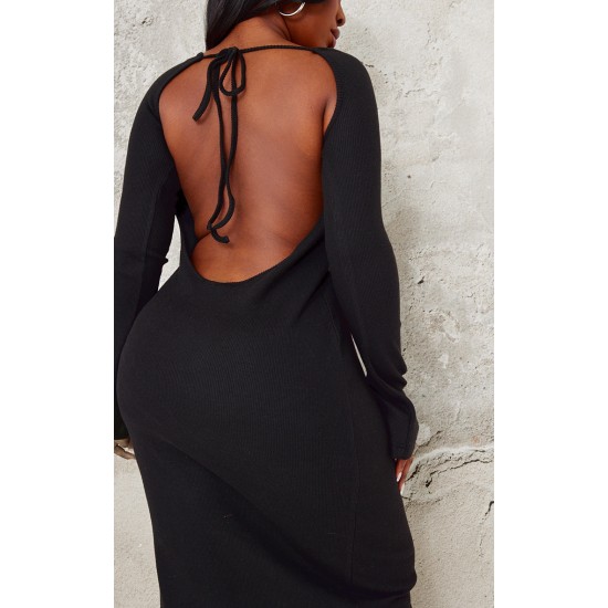 Plus Black Heavy Brushed Rib Tie Back Maxi Dress Plus Black Heavy Brushed Rib Tie Back Maxi Dress