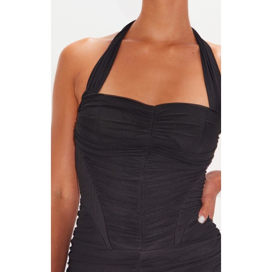 Black Mesh Extreme Ruched Corset Halter Bodycon Dress Black Mesh Extreme Ruched Corset Halter Bodycon Dress