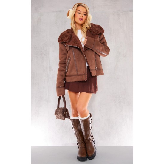 Chocolate Faux Suede PU Bonded Aviator Jacket Chocolate Faux Suede PU Bonded Aviator Jacket
