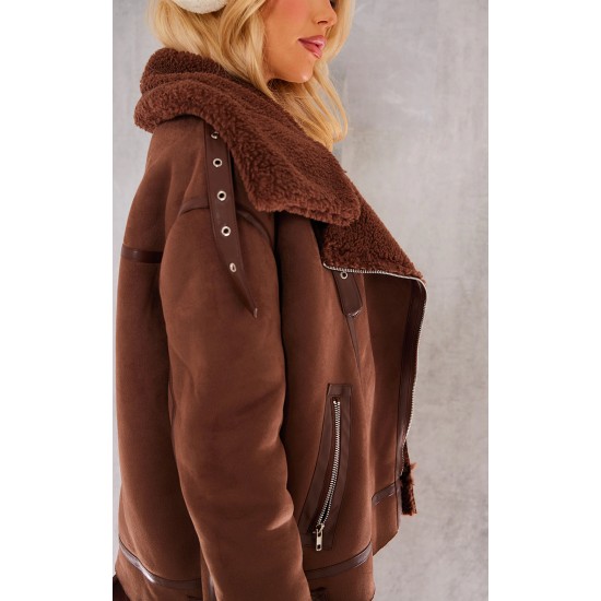 Chocolate Faux Suede PU Bonded Aviator Jacket Chocolate Faux Suede PU Bonded Aviator Jacket