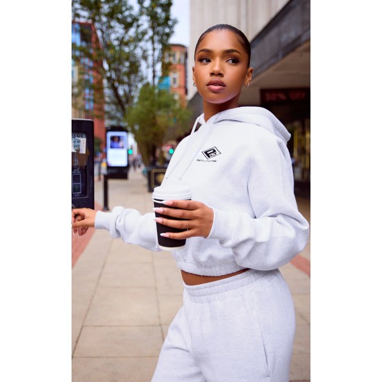 PRETTYLITTLETHING Grey Marl Embroidered Cinched Waist Cropped Hoodie PRETTYLITTLETHING Grey Marl Embroidered Cinched Waist Cropped Hoodie