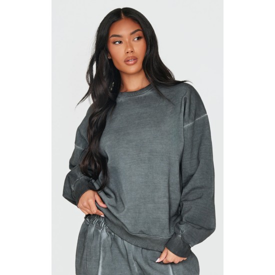 PRETTYLITTLETHING Washed Charcoal Premium Oversized Sweatshirt PRETTYLITTLETHING Washed Charcoal Premium Oversized Sweatshirt
