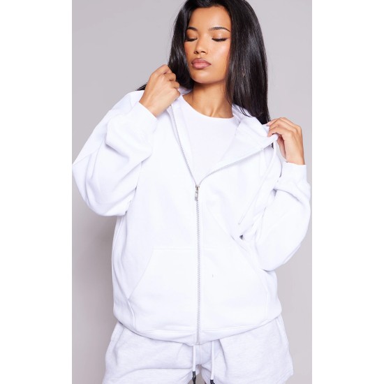 White Oversized Zip Up Plain Front Hoodie White Oversized Zip Up Plain Front Hoodie