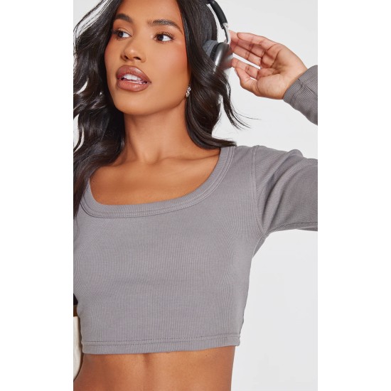 Charcoal Rib Scoop Neck Long Sleeve Crop Top Charcoal Rib Scoop Neck Long Sleeve Crop Top