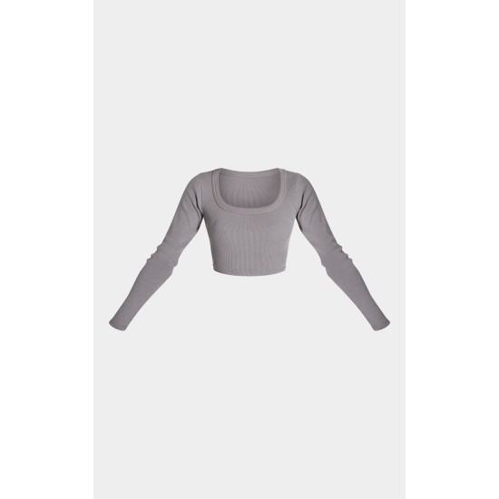 Charcoal Rib Scoop Neck Long Sleeve Crop Top Charcoal Rib Scoop Neck Long Sleeve Crop Top