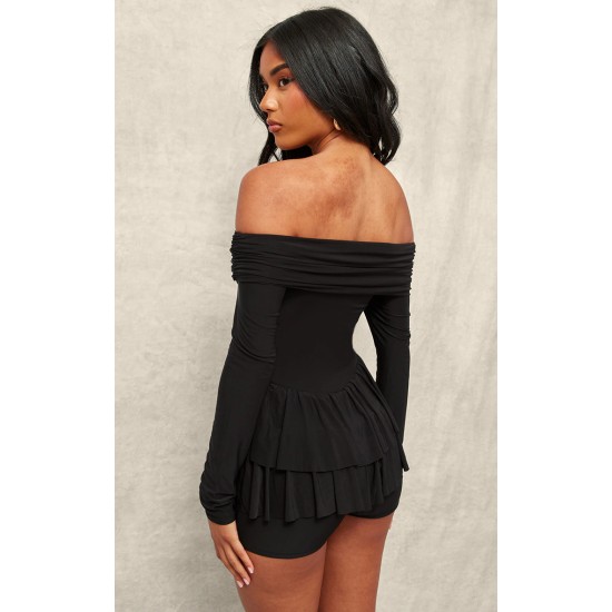 Black Slinky Long Sleeve Bardot Rara Skort Romper Black Slinky Long Sleeve Bardot Rara Skort Romper