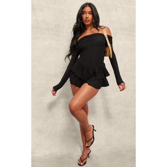 Black Slinky Long Sleeve Bardot Rara Skort Romper Black Slinky Long Sleeve Bardot Rara Skort Romper