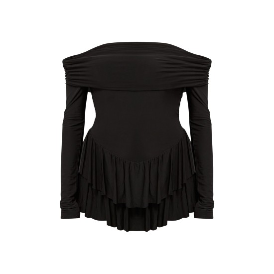 Black Slinky Long Sleeve Bardot Rara Skort Romper Black Slinky Long Sleeve Bardot Rara Skort Romper