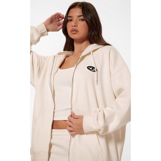 PRETTYLITTLETHING Cream Contrast Logo Badge Oversized Zip Through Hoodie PRETTYLITTLETHING Cream Contrast Logo Badge Oversized Zip Through Hoodie