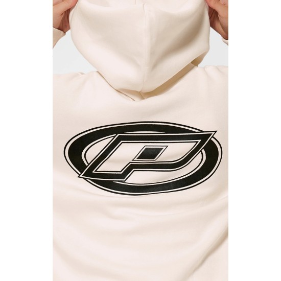 PRETTYLITTLETHING Cream Contrast Logo Badge Oversized Zip Through Hoodie PRETTYLITTLETHING Cream Contrast Logo Badge Oversized Zip Through Hoodie