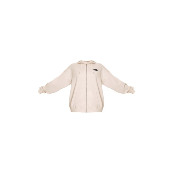 PRETTYLITTLETHING Cream Contrast Logo Badge Oversized Zip Through Hoodie PRETTYLITTLETHING Cream Contrast Logo Badge Oversized Zip Through Hoodie