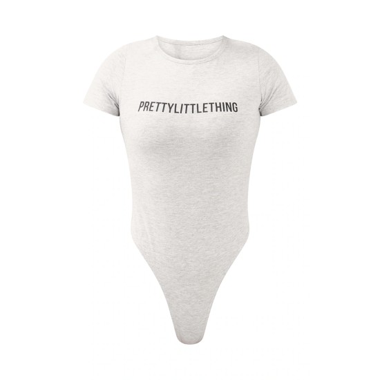 PRETTYLITTLETHING Ash Grey Logo Short Sleeved Bodysuit PRETTYLITTLETHING Ash Grey Logo Short Sleeved Bodysuit