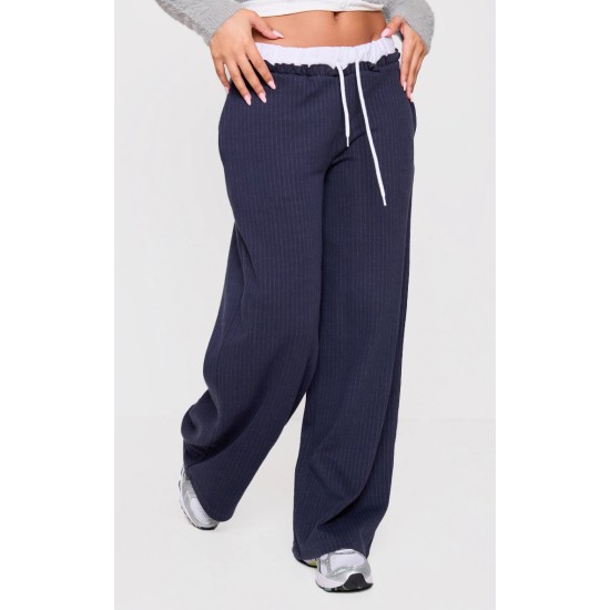Petite Navy Pinstripe Contrast Waistband Wide Leg Pants Petite Navy Pinstripe Contrast Waistband Wide Leg Pants