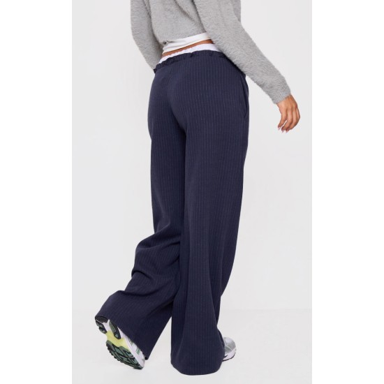 Petite Navy Pinstripe Contrast Waistband Wide Leg Pants Petite Navy Pinstripe Contrast Waistband Wide Leg Pants