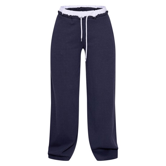 Petite Navy Pinstripe Contrast Waistband Wide Leg Pants Petite Navy Pinstripe Contrast Waistband Wide Leg Pants