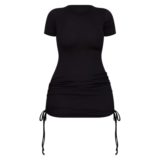 Shape Black Rib Short Sleeve Ruched Side Bodycon Dress Shape Black Rib Short Sleeve Ruched Side Bodycon Dress