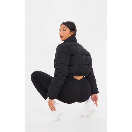 Black Cropped Peach Skin Bubble Puffer Jacket Black Cropped Peach Skin Bubble Puffer Jacket