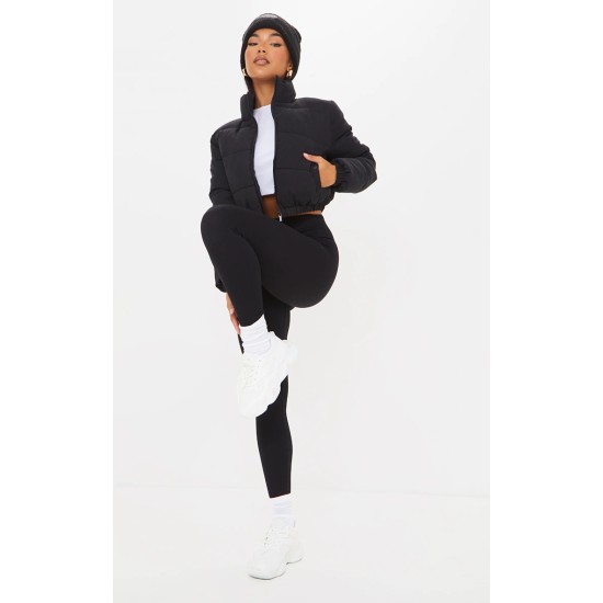 Black Cropped Peach Skin Bubble Puffer Jacket Black Cropped Peach Skin Bubble Puffer Jacket