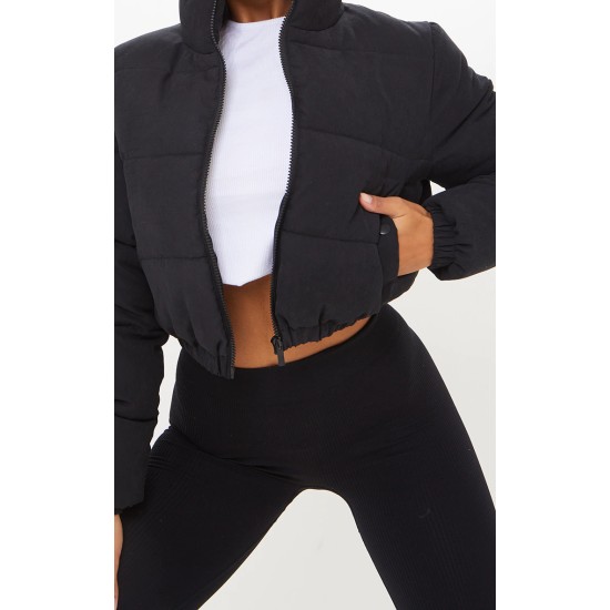 Black Cropped Peach Skin Bubble Puffer Jacket Black Cropped Peach Skin Bubble Puffer Jacket