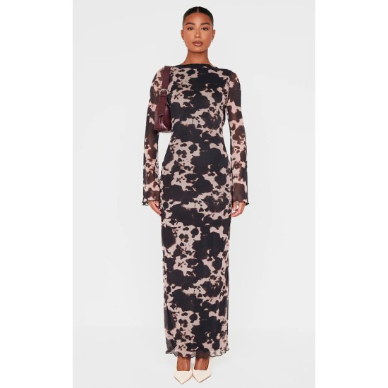Brown Abstract Print Mesh Long Sleeve Maxi Dress Brown Abstract Print Mesh Long Sleeve Maxi Dress