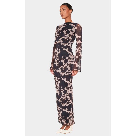 Brown Abstract Print Mesh Long Sleeve Maxi Dress Brown Abstract Print Mesh Long Sleeve Maxi Dress