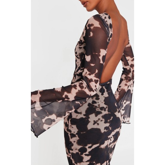 Brown Abstract Print Mesh Long Sleeve Maxi Dress Brown Abstract Print Mesh Long Sleeve Maxi Dress