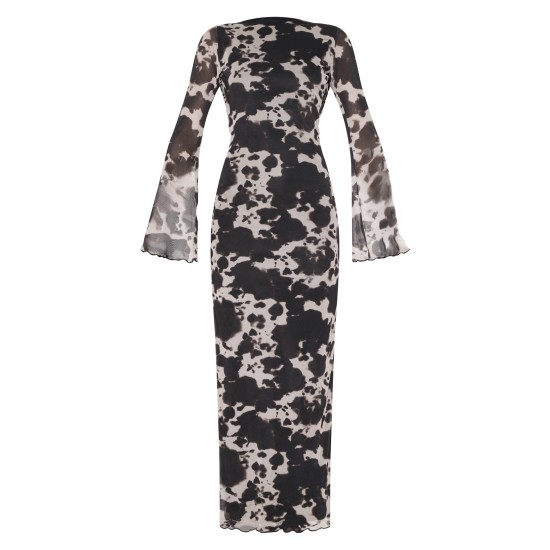 Brown Abstract Print Mesh Long Sleeve Maxi Dress Brown Abstract Print Mesh Long Sleeve Maxi Dress