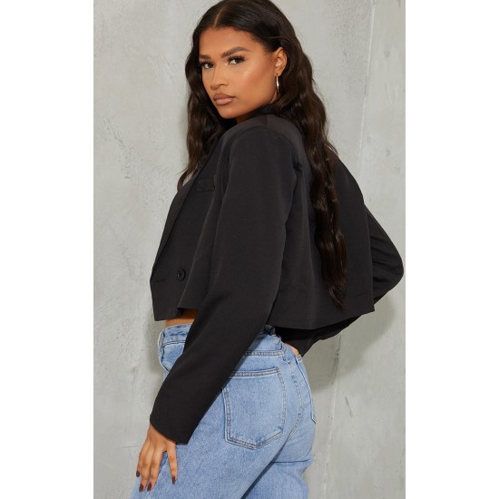 Black Woven Cropped Shoulder Padded Blazer Black Woven Cropped Shoulder Padded Blazer