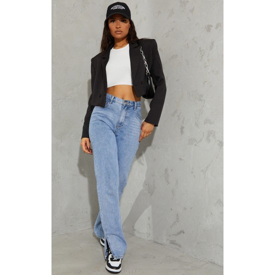 Black Woven Cropped Shoulder Padded Blazer Black Woven Cropped Shoulder Padded Blazer