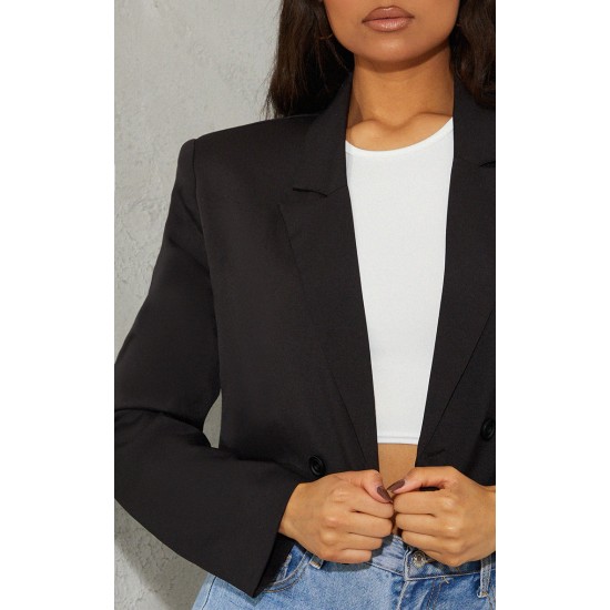 Black Woven Cropped Shoulder Padded Blazer Black Woven Cropped Shoulder Padded Blazer