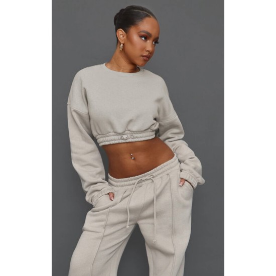 Petite Moss Grey Crop Elasticated Sweat Top Petite Moss Grey Crop Elasticated Sweat Top