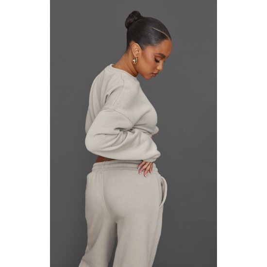 Petite Moss Grey Crop Elasticated Sweat Top Petite Moss Grey Crop Elasticated Sweat Top
