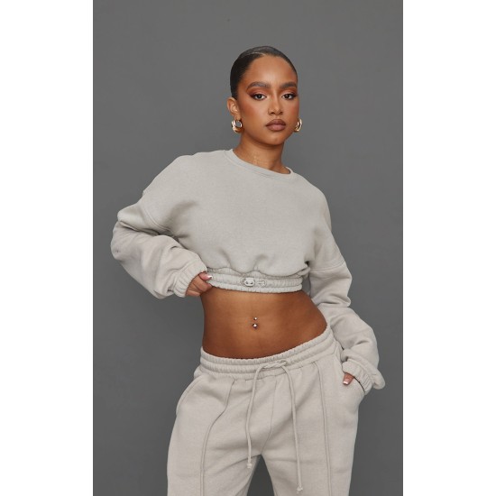 Petite Moss Grey Crop Elasticated Sweat Top Petite Moss Grey Crop Elasticated Sweat Top