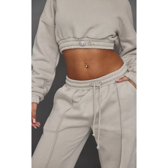 Petite Moss Grey Crop Elasticated Sweat Top Petite Moss Grey Crop Elasticated Sweat Top