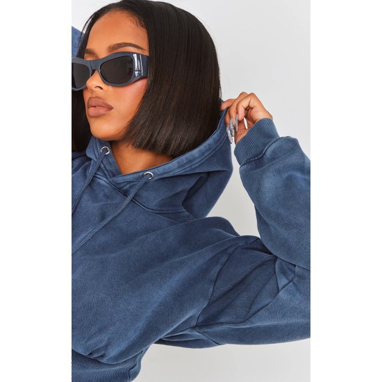 Shape Blue Sweat Cropped Shirred Waist Hoodie Shape Blue Sweat Cropped Shirred Waist Hoodie