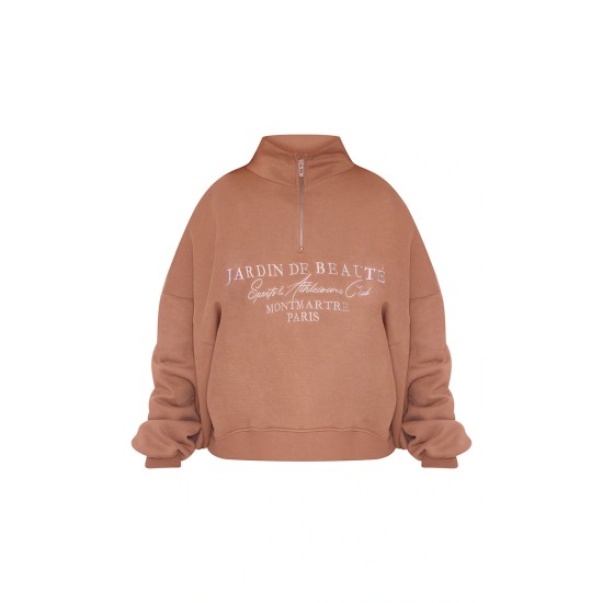 PRETTYLITTLETHING Mocha Logo Embroidered Half Zip Sweatshirt PRETTYLITTLETHING Mocha Logo Embroidered Half Zip Sweatshirt