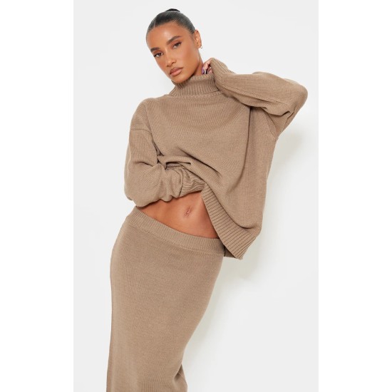 Light Mocha Soft Knit Roll Neck Oversized Sweater Light Mocha Soft Knit Roll Neck Oversized Sweater