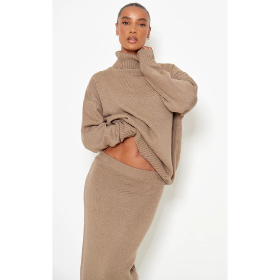 Light Mocha Soft Knit Roll Neck Oversized Sweater Light Mocha Soft Knit Roll Neck Oversized Sweater