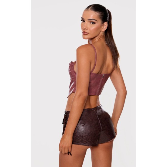 Mauve Faux Leather Ruched Bust Boned Dip Hem Corset Mauve Faux Leather Ruched Bust Boned Dip Hem Corset