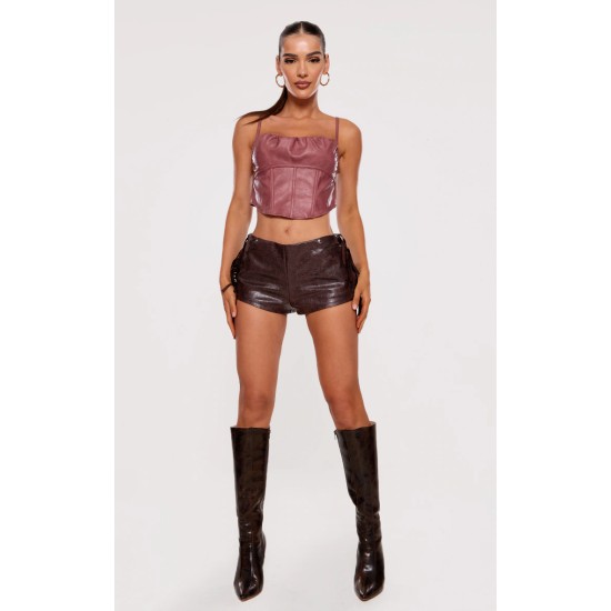 Mauve Faux Leather Ruched Bust Boned Dip Hem Corset Mauve Faux Leather Ruched Bust Boned Dip Hem Corset