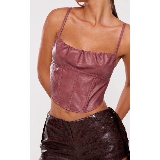 Mauve Faux Leather Ruched Bust Boned Dip Hem Corset Mauve Faux Leather Ruched Bust Boned Dip Hem Corset