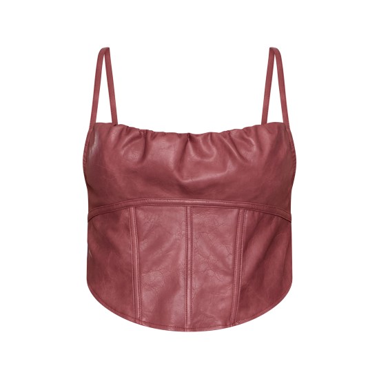 Mauve Faux Leather Ruched Bust Boned Dip Hem Corset Mauve Faux Leather Ruched Bust Boned Dip Hem Corset