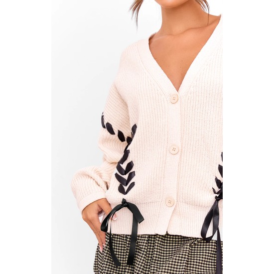 Cream Chunky Knit Ribbon Detail Cardigan Cream Chunky Knit Ribbon Detail Cardigan