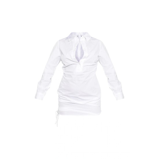 White Ruched Side Fitted Shirt Dress White Ruched Side Fitted Shirt Dress
