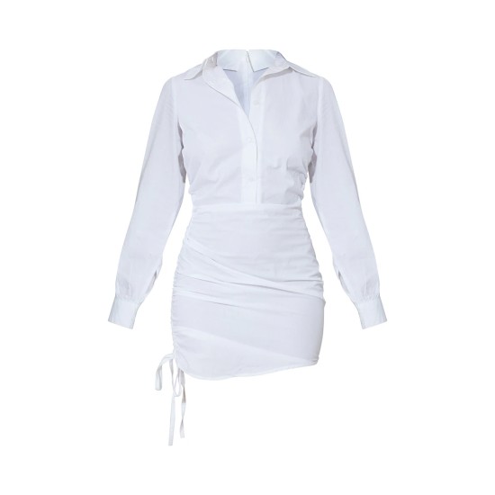 White Ruched Side Fitted Shirt Dress White Ruched Side Fitted Shirt Dress