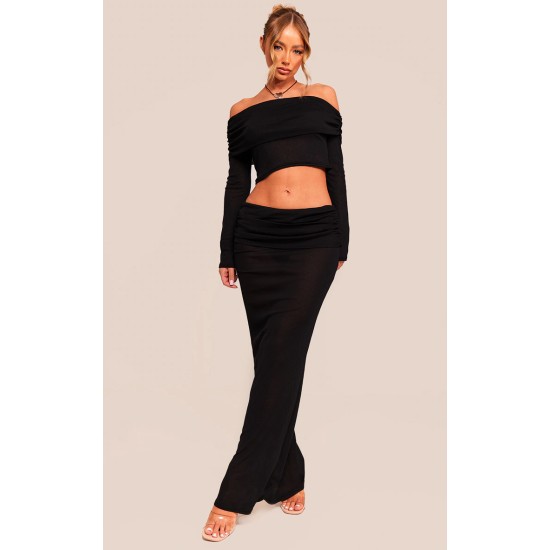 Black Sheer Burnout Mesh Fold Over Hem Low Rise Maxi Skirt Black Sheer Burnout Mesh Fold Over Hem Low Rise Maxi Skirt