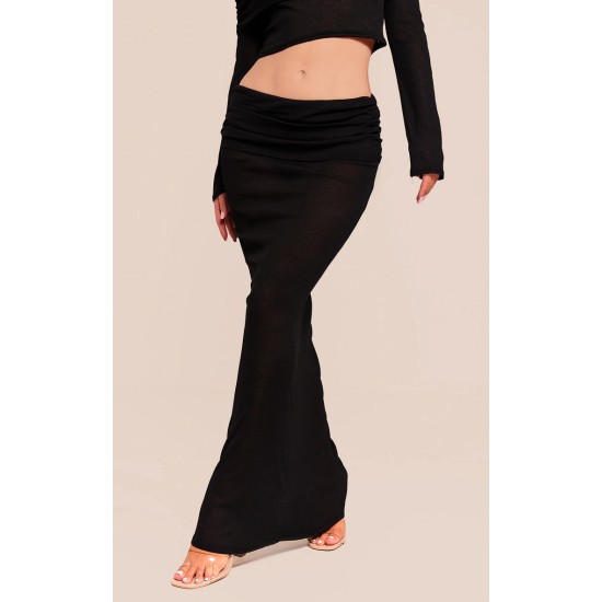 Black Sheer Burnout Mesh Fold Over Hem Low Rise Maxi Skirt Black Sheer Burnout Mesh Fold Over Hem Low Rise Maxi Skirt