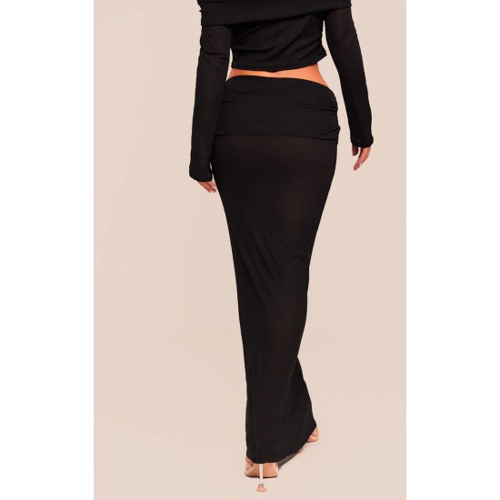 Black Sheer Burnout Mesh Fold Over Hem Low Rise Maxi Skirt Black Sheer Burnout Mesh Fold Over Hem Low Rise Maxi Skirt