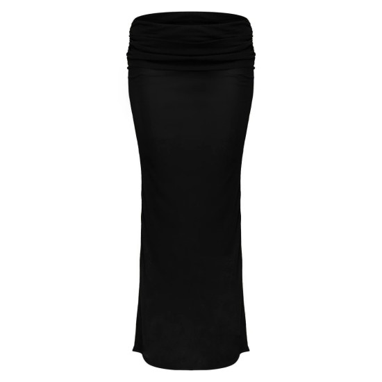 Black Sheer Burnout Mesh Fold Over Hem Low Rise Maxi Skirt Black Sheer Burnout Mesh Fold Over Hem Low Rise Maxi Skirt