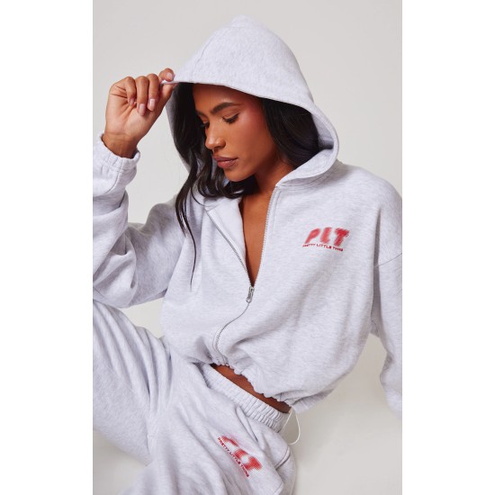 PRETTYLITTLETHING Grey Marl Elasticated Hem Zip Up Hoodie PRETTYLITTLETHING Grey Marl Elasticated Hem Zip Up Hoodie